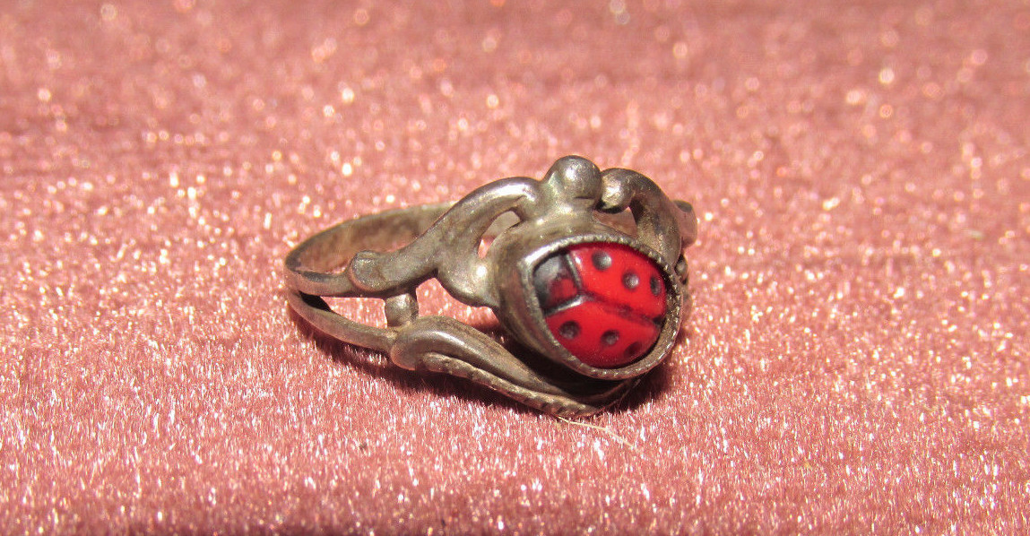 Unique Antique Baby/Child Coral Ladybug Sterling Ring!  size 1