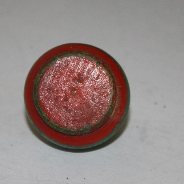 VINTAGE WOOD SPINNING TOP W/ METAL TIP - GREEN RED WHITE PAINTED  ANTIQUE TOY