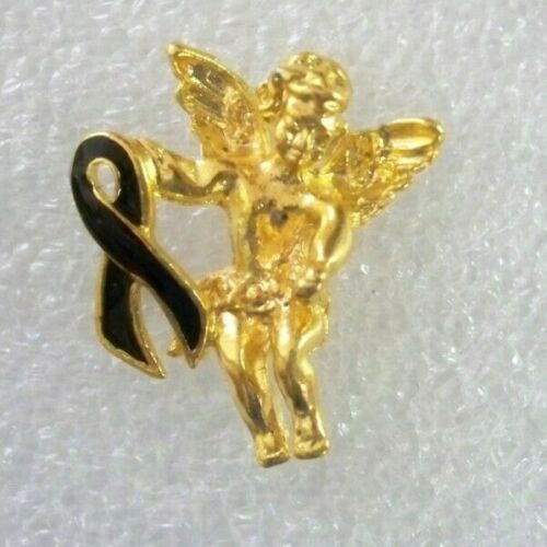 Mourning  Awareness black ribbon angel pin ,gold plated, made in USA