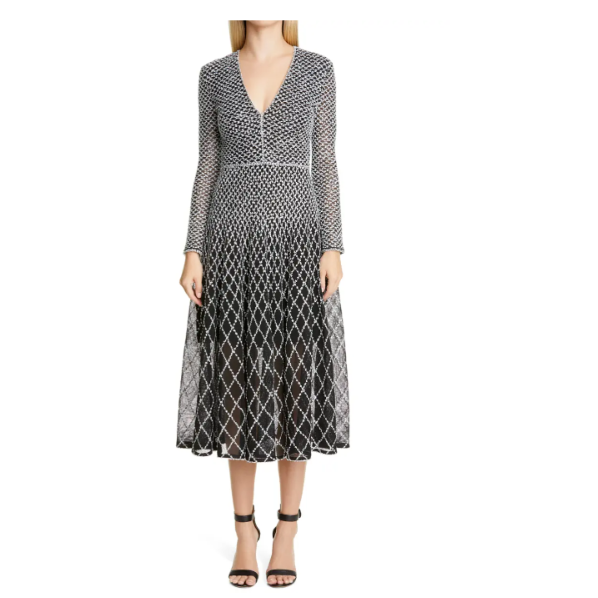 СТ. JOHN Черное, серебристо-белое трикотажное расклешенное платье с длинными рукавами и бриллиантами 12 US