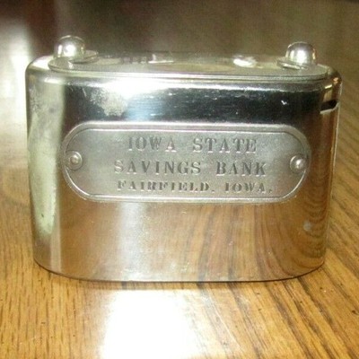Old Metal Advertising Piggy Still Bank Iowa State Savings Bank Fairfield Iowa