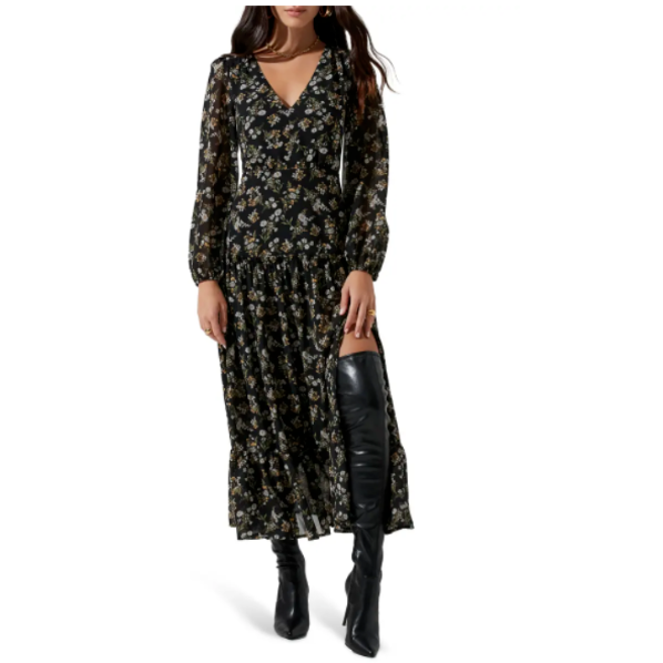 

Черно-желтое платье ASTR the Label с v-образным вырезом и длинными рукавами и разрезом с цветочным принтом  2/4, Multicolor