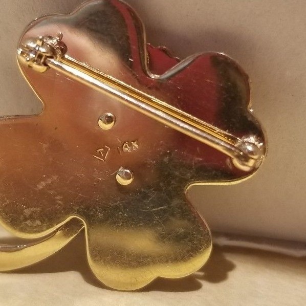 14k GOLD 4 Leaf Clover Pin *LUCKY BROACH genuine .12ct DIAMOND 7.3 g - not scrap