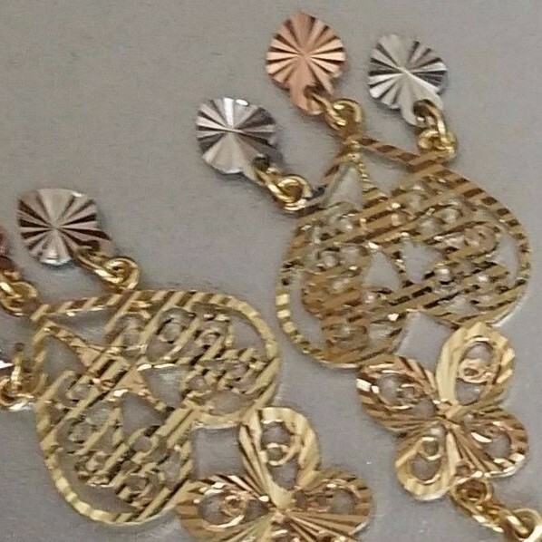 Pre-owned Handmade Gold Chandelier 14k Earring Filigree Heart Butterfly Gypsy Drop Dangle Long In Multicolor