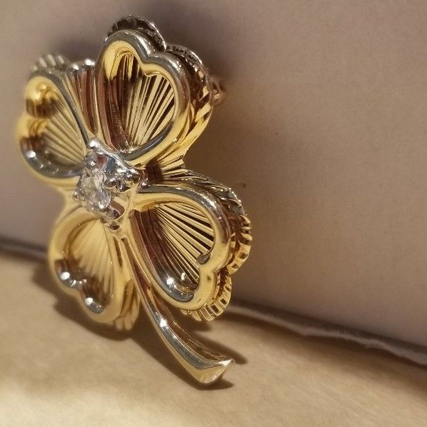 14k GOLD 4 Leaf Clover Pin *LUCKY BROACH genuine .12ct DIAMOND 7.3 g - not scrap