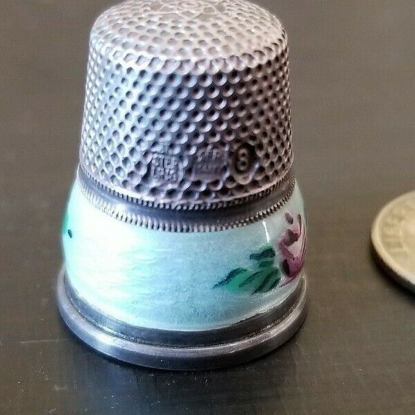 Vintage THIMBLE Sterling Silver & Floral Enamel Antique unique Collectable sz 8