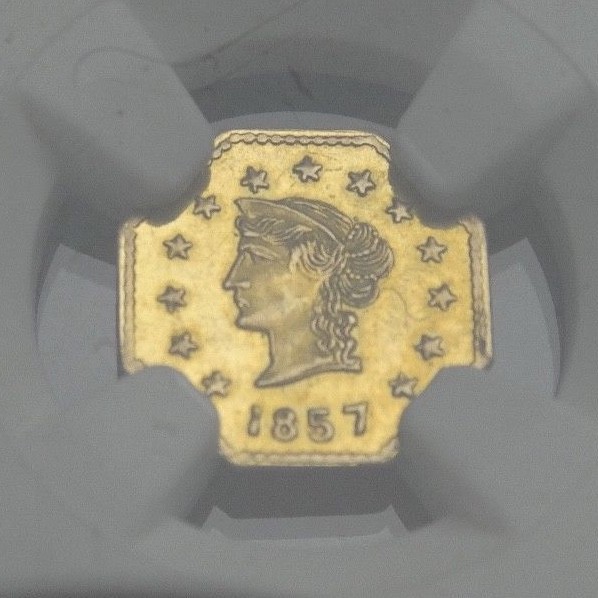 NGC 1857 - DATED CALIFORNIA GOLD TOKEN - LIBERTY - WREATH #4A OCTAGONAL MS 63