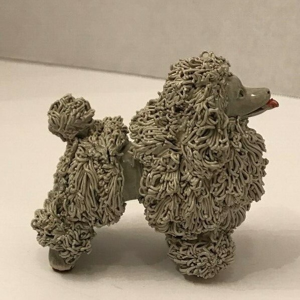 Vintage ceramic spaghetti poodle, grey with red tongue, Lefton?