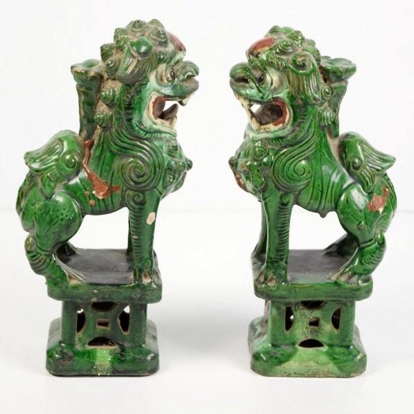 RARE Pair of Chinese Green Glazed Guardian Lions Circa 1850 w/ Loose Ball!