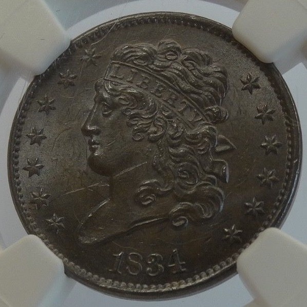 1834 CLASSIC HEAD MS 62 BN NGC UNITED STATES HALF CENT (PURPLE/BLUE) - 1/2C  C-1