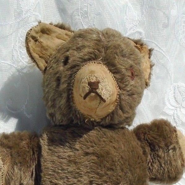 Antique Vintage HAND SEWN Stuffed Teddy Bear with Button Eyes EMBROIDERED FACE