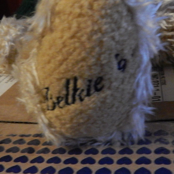 1997 Belkie Bear Tan Shaggy Fur Dark Green Knitted Sweater Jointed Arms Legs 20