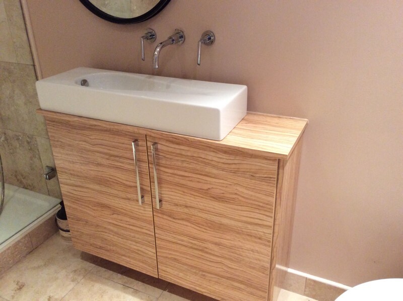 Original narrow bathroom sink unit with 2 door cupboard in wood effect