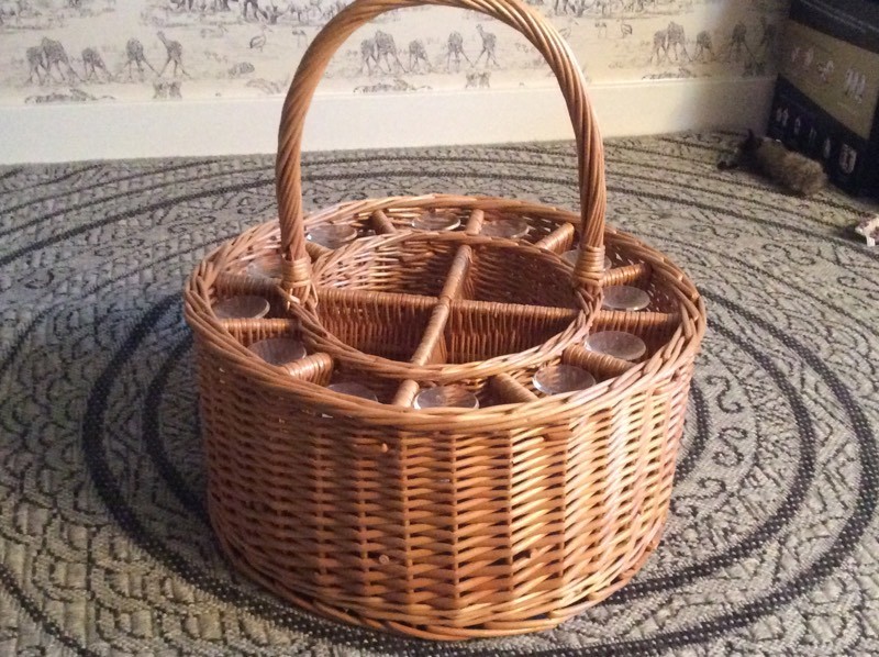 Large circular wicker drinks basket with 12 glasses in Anstey