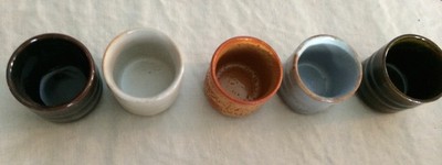 Wooden Tea Saki Sake Box with 5 Ceramic Glazed Cups