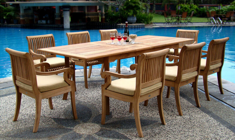 Giva 9-pc Outdoor Teak Dining Set: 94" Rectangle Extension Table, 8 Arm Chairs