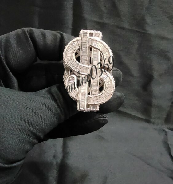Pre-owned Online0369 3.10ct Baguette Cubic Zirconia Mens Custom Dollar Sign Bust Down Ring Silver In White
