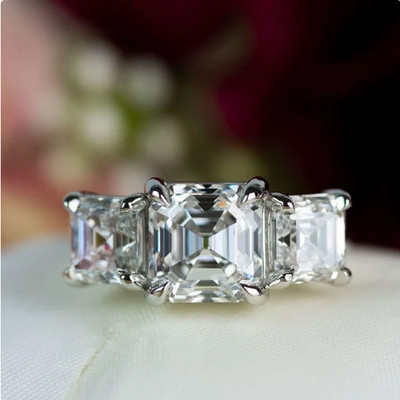 White Asscher Cut Moissanite Three Stone Solid 14K White Gold Wedding Ring 7 MM