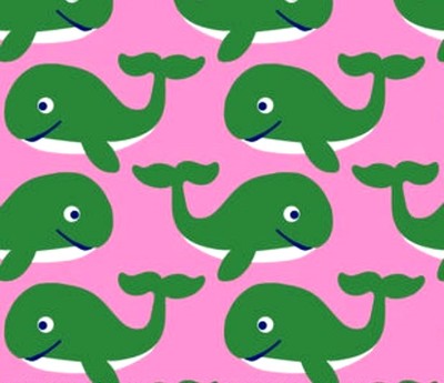 BTY*4''GREEN WHALES SWIMMING ON PINK FLANNEL 100% COTTON FACE MASK FABRIC 42x36''