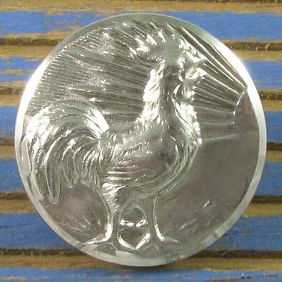 Vintage White Metal Rooster Crowing at Sunrise Button, 7/8'