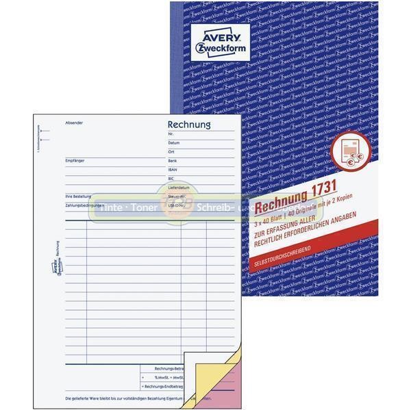10x Avery Zweckform 1731 Rechnung A5 3x 40 Blatt selbstdurchschreibend Beleg