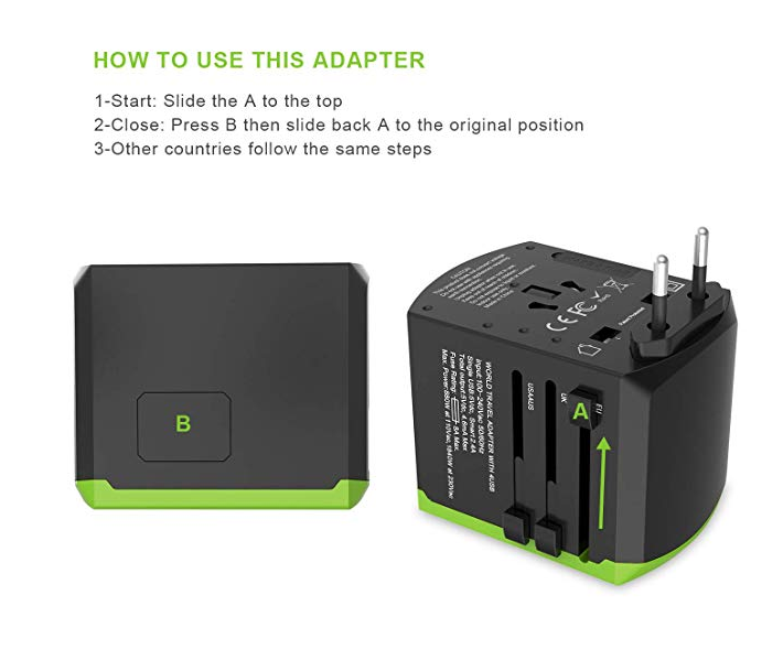 Universal Travel Adapter, All-in-one International Power Plugs High Speed 2.4A 4