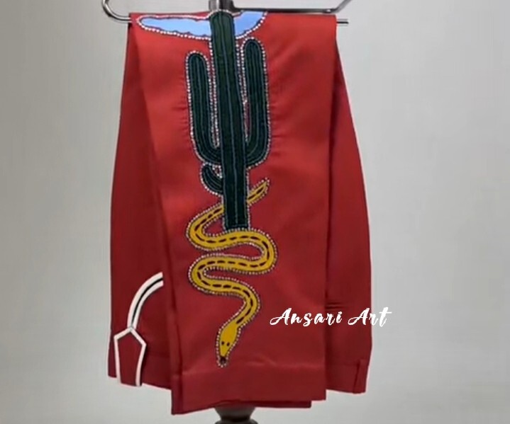 Pre-owned Art Men 2pc Red Cotton Outfit Hand Embroidered Western Suit Style Py Designer