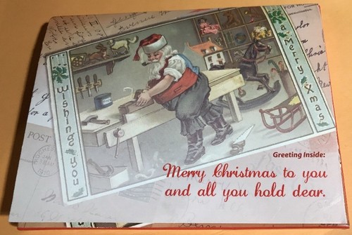Santa Working Woodshop, Toy Making Unused Christmas Cards 12 Cards & Envs