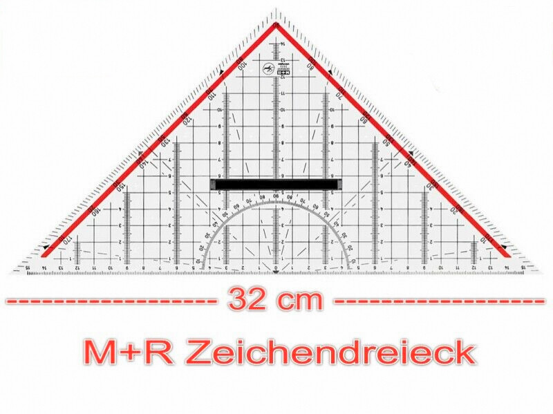 M+R Zeichendreieck 32cm Geodreieck Glasklar Tuschekante Rot Hinterlegte Skala