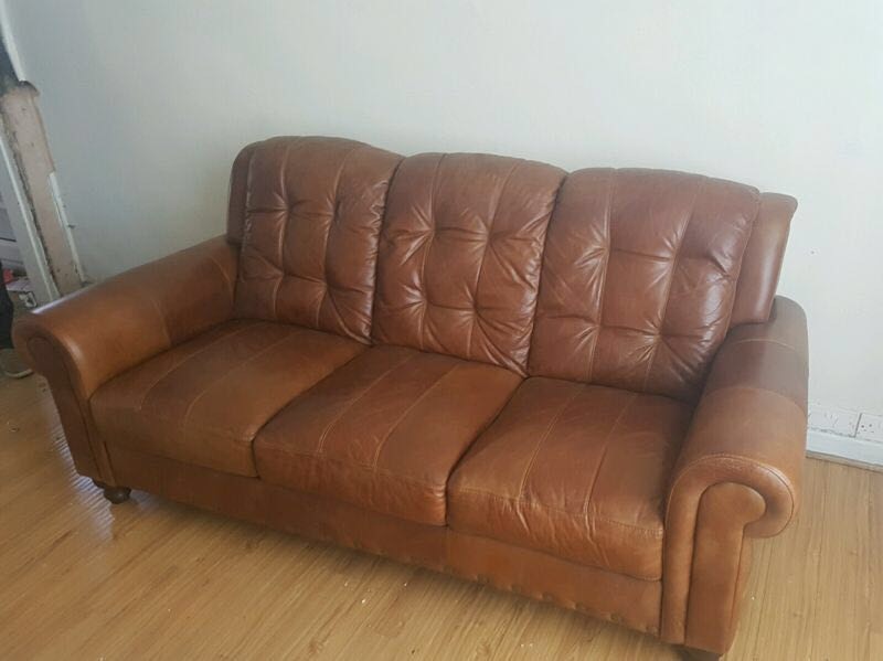 Dfs vintage tan leather sofa (delivery available) in York, North
