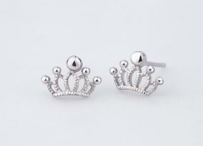 Adorable Tiny Silver Royal Crown White Gold Stud Earring