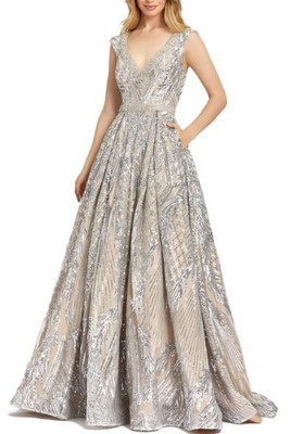Бальное платье А-силуэта Mac Duggal с блестками, серебристое, 6