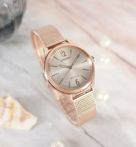 Pre-owned Citizen Eco-drive Em0508-80x Rose Gold Mesh Stainless Steel Ladies Dress Watch