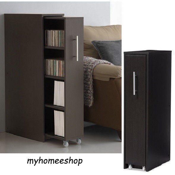 4 Shelf Bookcase Media CD DVD Storage Cabinet Pull-Out Door 