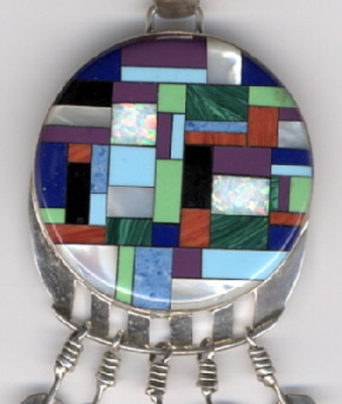 Large Signed Turquoise, Coral, Lab Opal Inlay Pendant with Feather Dangles