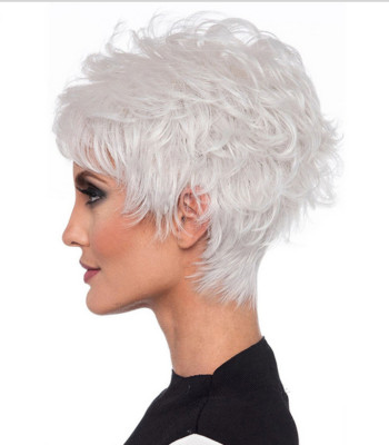 Fluffy Wavy Short Pixie Cut Wigs for White Women Sliver White Synthetic Hair USA