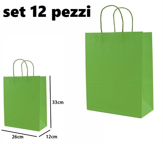 Set 12 Pezzi Buste Borsa Da Regalo Sacchetti Carta Verde 33x26x12cm dfh