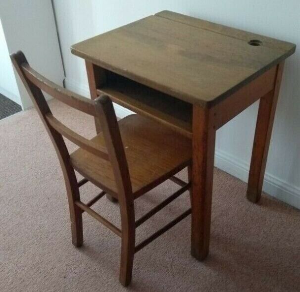 Vintage Antique Mid Century Wooden School Desk With Inkwell