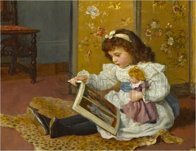 ANTIQUE DOLL CHILD PICTURE BOOK READING GIRL ANIMAL LEOPARD