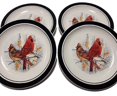 FOLK CRAFT STONEWARE CARDINAL by  SCOTTY Z Set Of 4 DINNER PLATES  SPECKLE CREAM