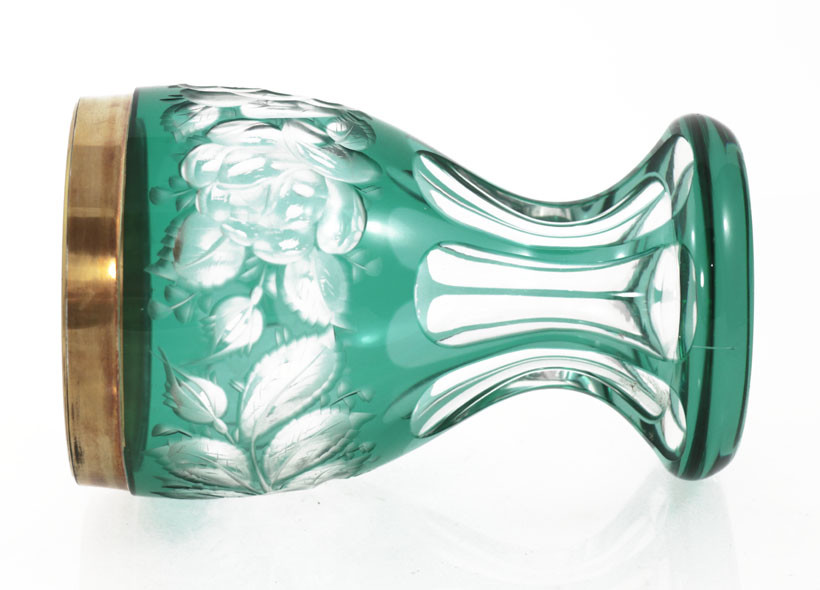 Vintage Bohemian/German deep green cut to clear heavy goblet, roses [11640]