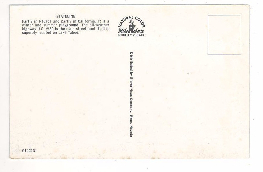 c1970 Postcard:US50 in Stateline, Nevada  Harry Belafonte Sign at Tahoe Harrah's