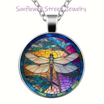 Dragonfly Necklace Glass Dome Cabochon Art Print Faux Stained Glass