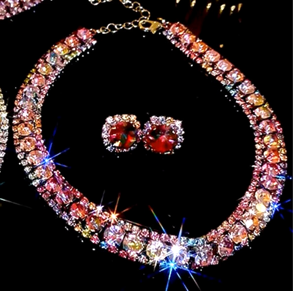 Colorful Pink RHINESTONE Choker Betsey Johnson Statement Necklace Earrings SET