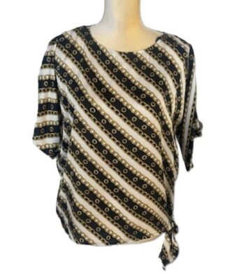 MICHAEL KORS Black White & Gold Chain Link Boat Neck  Side Tie Top  ( P/M ) NWT