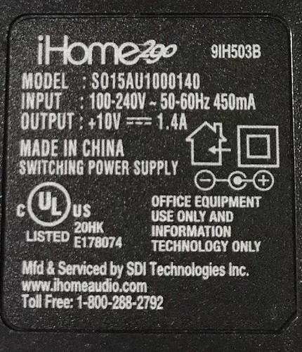 Power Supply Adapter iHOME2Go S015AU1000140 AC / DC 10V 1.4amp Genuine 1400mA