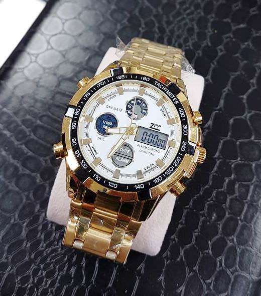 Orologio Polso Zcc Uomo Dual Time Analogico Digitale Sveglia Oro Fondo Bianc lac