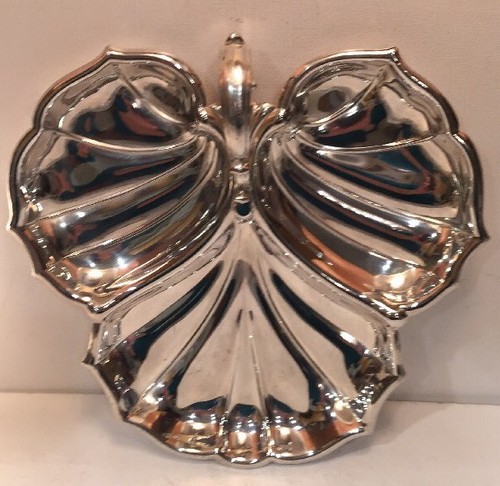 Silver Plated Serving Plate With Three Compartments Platter With Handle Leaf