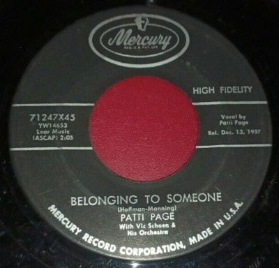Vintage 45RPM Record : Patti Page Bring Us Together / Belonging to Someone
