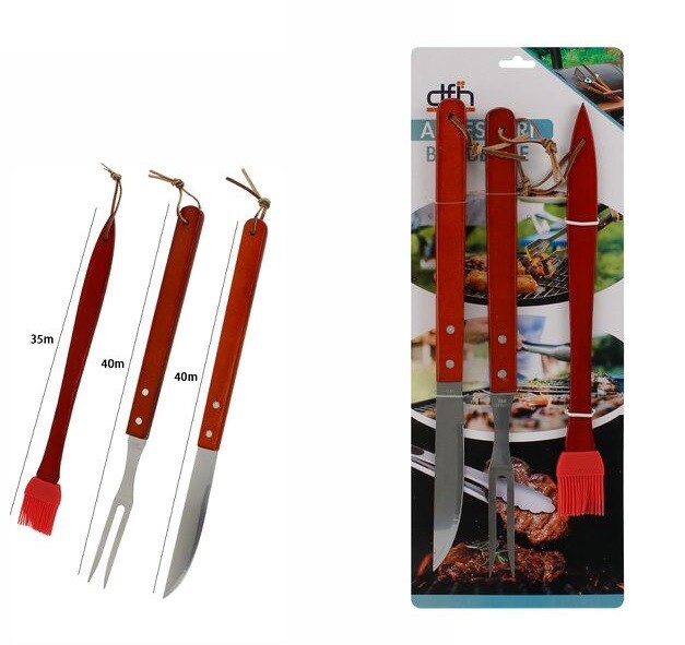 Kit Barbecue Grill Coltello Forca Forchettone Pennello Manico Legno Griglia dfh